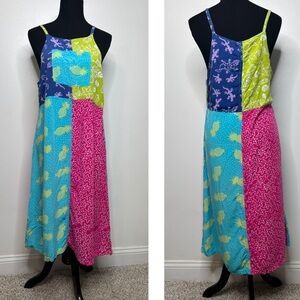 Baju Rayon Patchwork Midi Dress Women’s Small Multicolor Tropical Print Boho